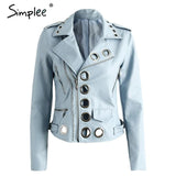 Simplee Zipper black PU leather coat jacket women