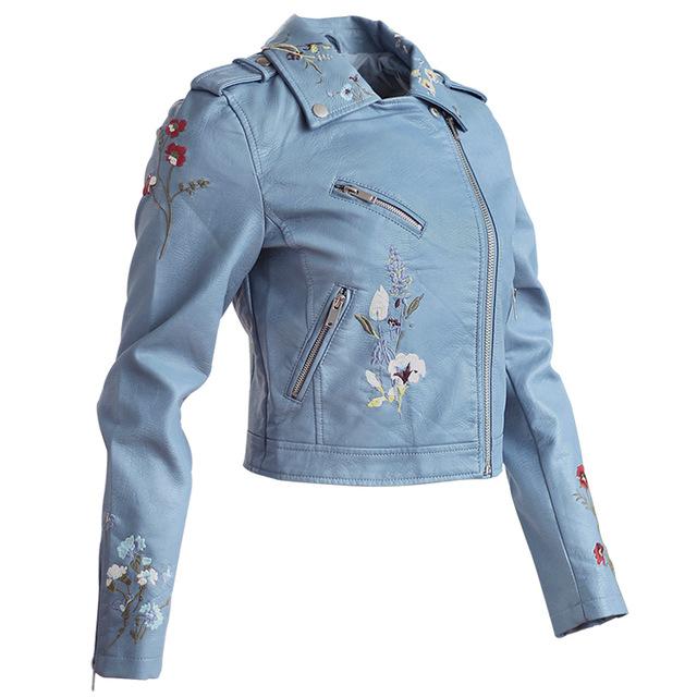 Aonibeier Embroidery Faux Leather Coat