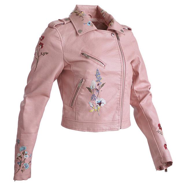 Aonibeier Embroidery Faux Leather Coat