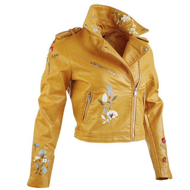 Aonibeier Embroidery Faux Leather Coat