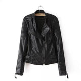 Waist Zippers Draped Cross Fashion Women Black Slim Leather Jacket