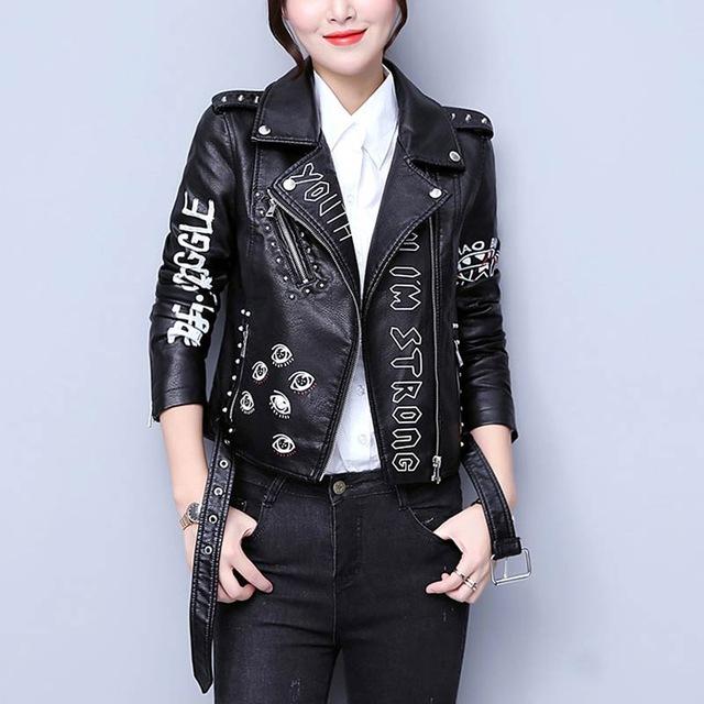 Printed Letters Rivet Leather Jacket