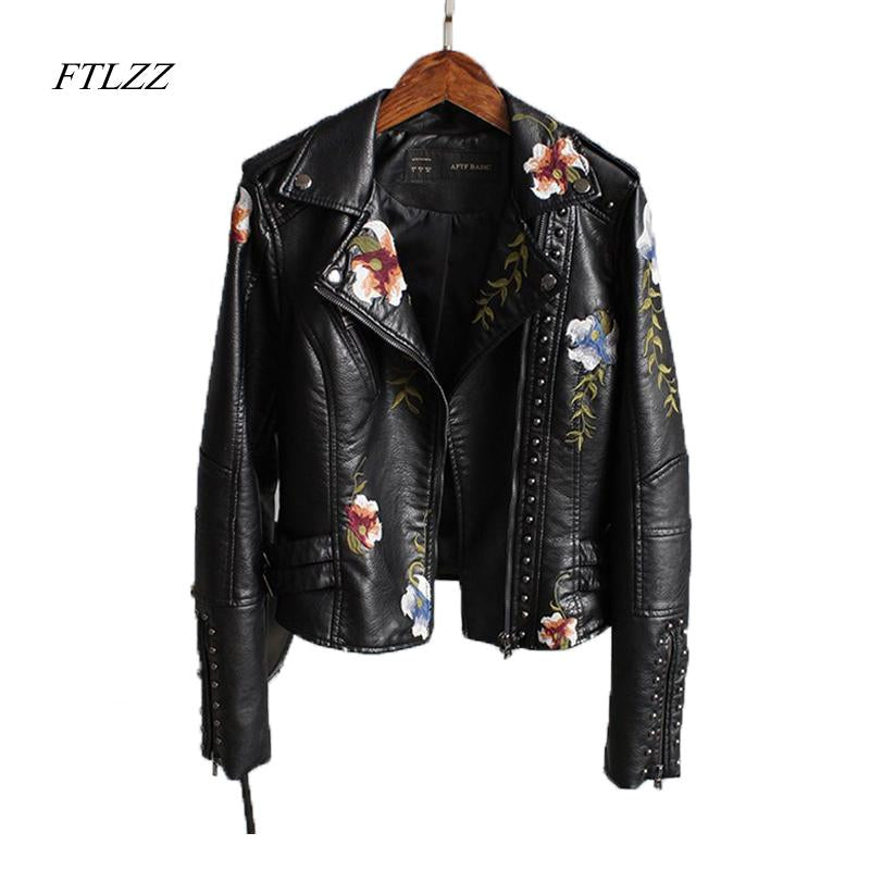 Ftlzz Women Floral Print Embroidery Faux Soft Leather Jacket