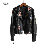 Ftlzz Women Floral Print Embroidery Faux Soft Leather Jacket