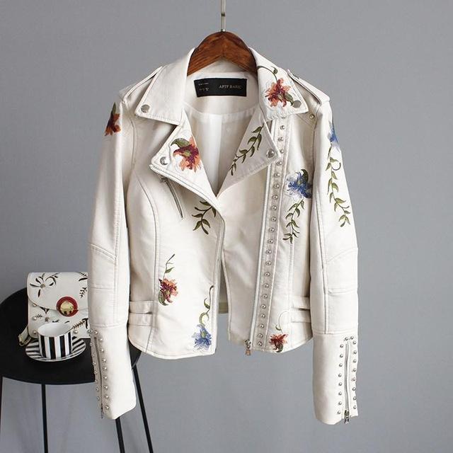 Ftlzz Women Floral Print Embroidery Faux Soft Leather Jacket