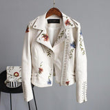 Ftlzz Women Floral Print Embroidery Faux Soft Leather Jacket